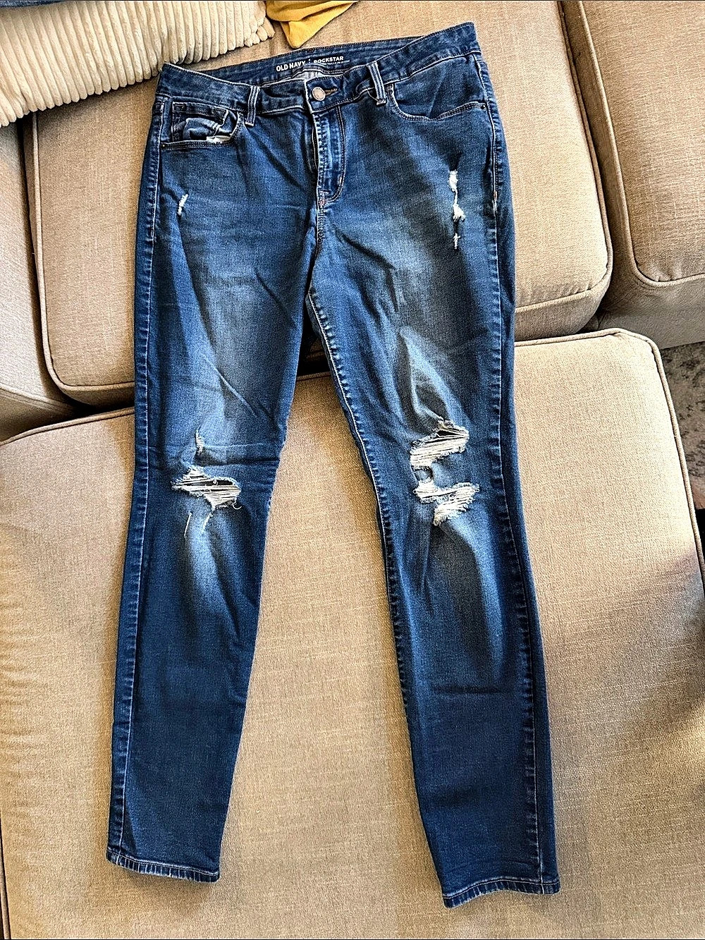 Old Navy Rockstar Mid-Rise Distressed Skinny Jeans Waist 12 Blue